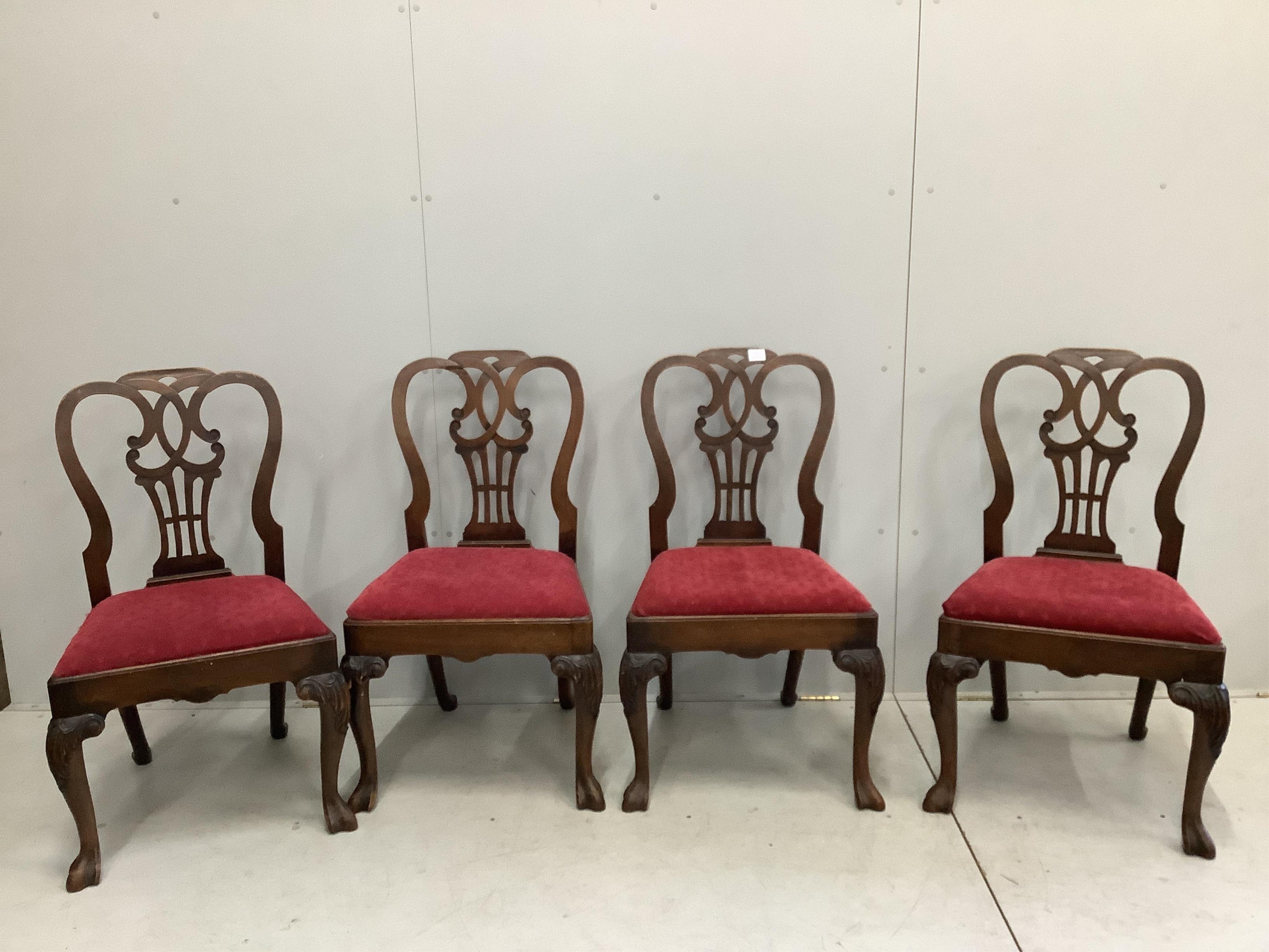 A set of six George II walnut dining chairs. Condition - poor to fair, two requiring extensive restoration